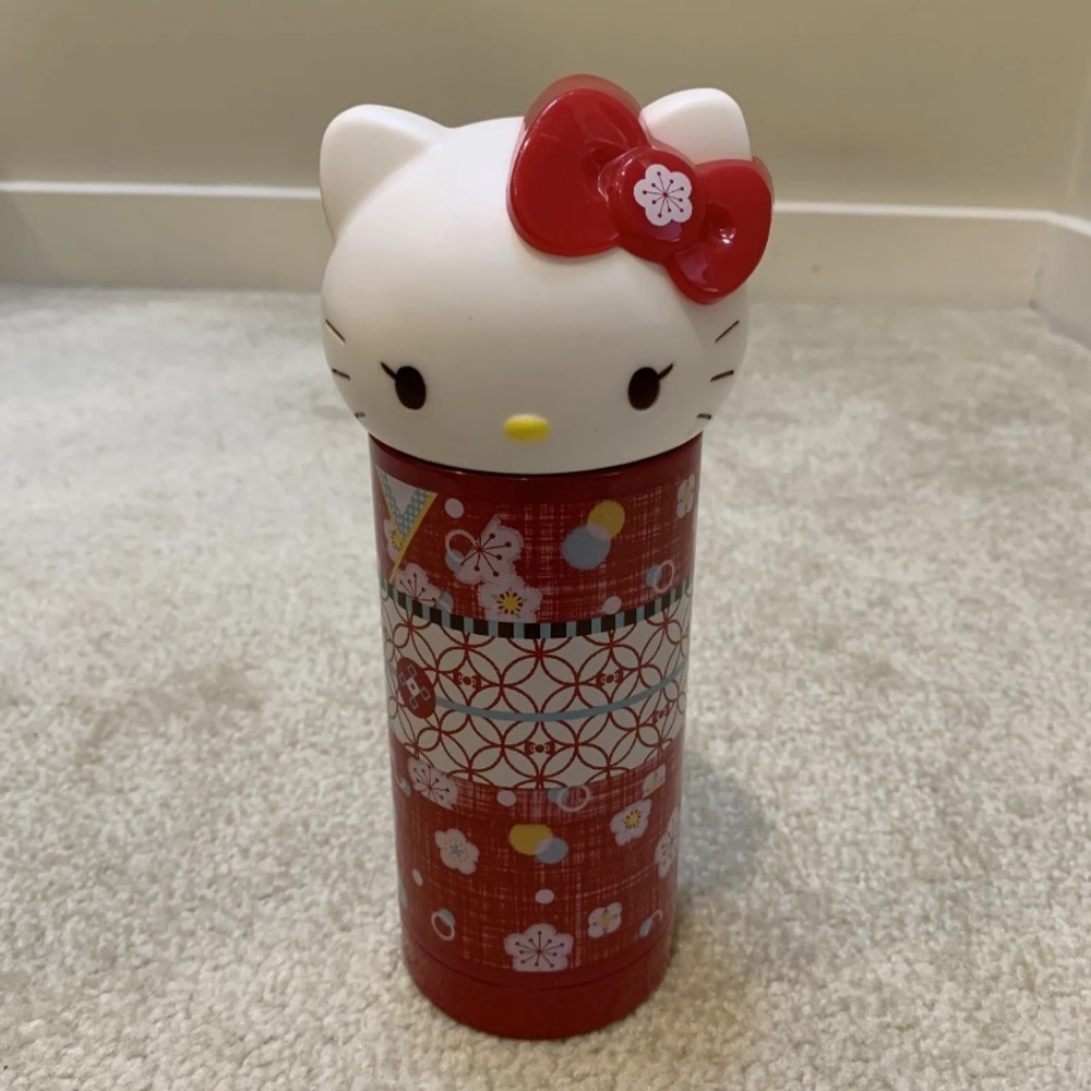 Sanrio Hello Kitty Head Lid Red Metal Thermo Water Bottle Cherry Blossom 2015